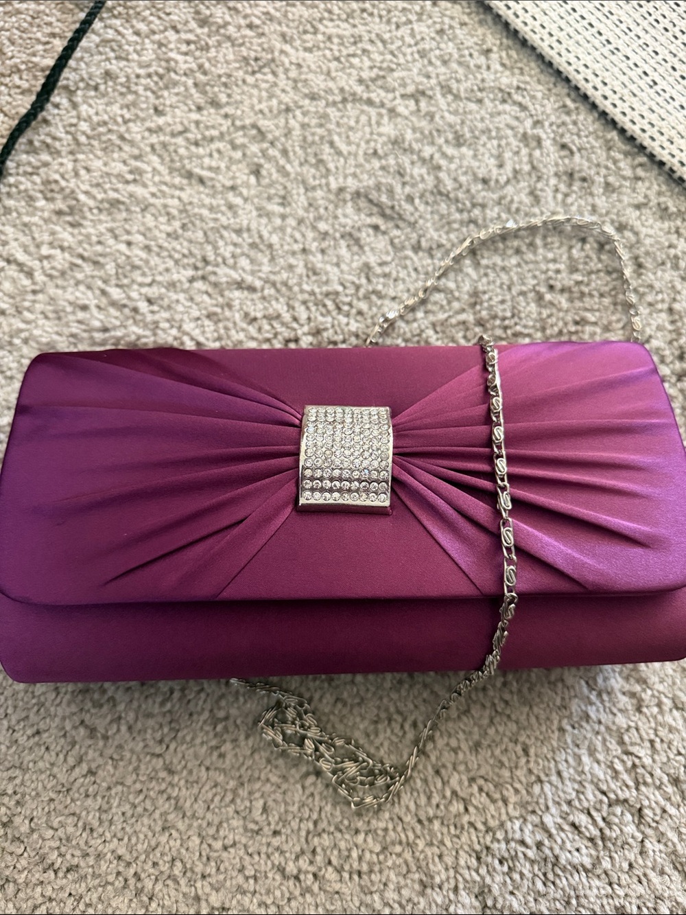 Satin Purple Evening Clutch with Rhinestone Buckle